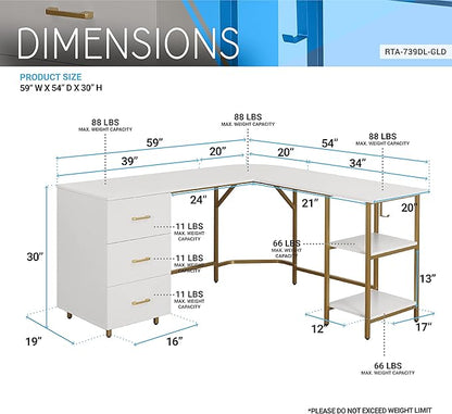 Techni Mobili L Shaped Desk - Two-Toned Computer Desk with Drawers & Storage Shelves - Simple Modern Furniture & Home Office Space Corner Table for Work & Writing