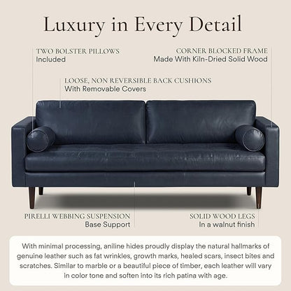 Poly & Bark Napa Leather Couch - 88.5-Inch Office Sofa with 2 Bolsters - Full-Grain Leather Sofa for Living Room with Feather-Down Topper - Living Room Couch - Vintage Italian Leather in Midnight Blue