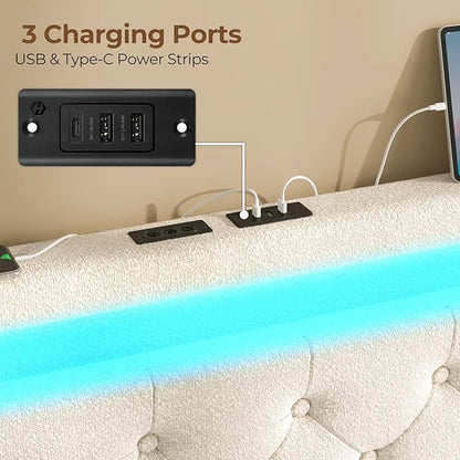 Rolanstar Queen Bed Frame with 4 Storage Drawers and Charging Station, Queen Bed with Led Lights, 2 USB & 1 Type C, Adjustable Headboard 38.9/40.10 Inches, No Box Spring Needed, White