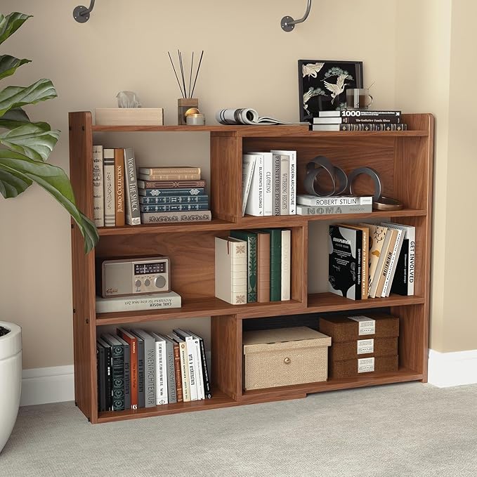 Open Shelf Low Bookcase,Wooden 4-Tier Floor Standing Expandable 25-47 inch Wide Bookcase,with Side Panels Frame for Home and Office (Walnut)