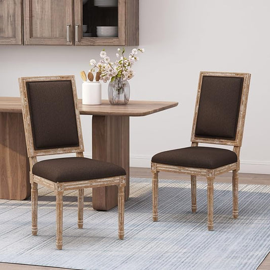 Merax Upholstered Solid Wood Dining Chairs Set of 2, French Country Style Accent Side Seating Furniture for Kitchen, Living Room, Cushioned Back, Brown