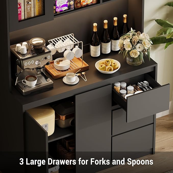 Garvee Kitchen Pantry Cabinet,71" Tall Storage Cabinet with Doors and Shelves Adjustable, Kitchen Storage Hutch with Microwave Shelf, Led Lights and Charging Station,Corner Pantry Cabinet, Black