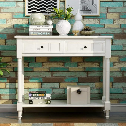 Merax Classic Wood Narrow Console Table with Drawers and Bottom Shelf for Entryway Hallway Front Door Ivory