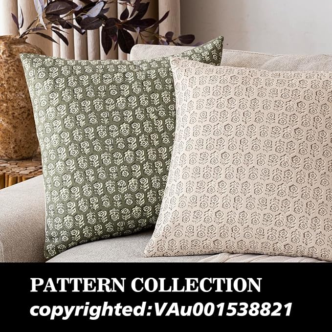 Foindtower Set of 2 Decorative Neutral Floral Print Throw Pillow Covers Vintage Accent Farmhouse Cushion Covers Boho Home Decor for Sofa Couch Chair Bedroom Living Room Outdoor,20×20 Inch,Sage Green
