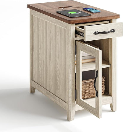 LINSY HOME Farmhouse End Table with Charging Station, Narrow Side Table for Living Room, Sofa Side Table with Drawer and Storage Cabinet, Small Nightstand for Home Office