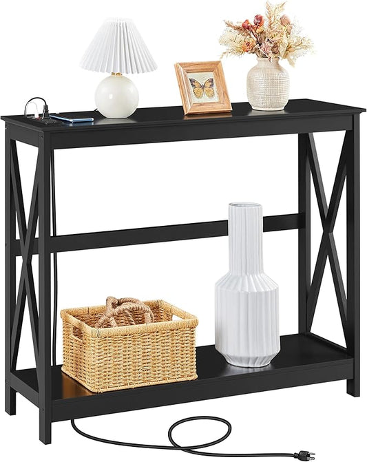Yaheetech 40" Console Table with Power Outlets and USB Ports, Wood Entryway Table with Charging Station & Storage Shelf, Narrow 2-Tier Sofa Table for Living Room Hallway Foyer, Black