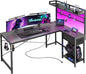PRAISUN L Shaped Gaming Desk with Shelves, Corner Computer Table with LED Lights, Power Outlets and USB-C Ports, 50 Inch Home Office Desk with Storage Drawer, for Work and Study, Carbon Fiber Black