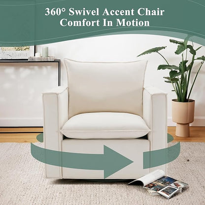 COLAMY Swivel Accent Chair, 34 Inches Wide Upholstered Arm Chair with Plump Back Pillow, Modern Sofa Living Room Chair for Bedroom, Corner, Reading Nook-Beige
