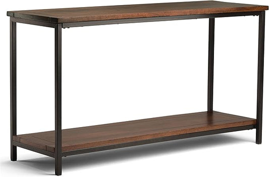 SIMPLIHOME Skyler Console Table - 54 Inch Wide Solid Mango Wood and Metal Sofa Table in Dark Cognac Brown, Industrial Entryway Table for Living Room with Open Bottom Shelf and Black Steel Frame