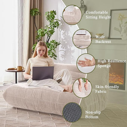 Bean Bag Chair, Loveseat Fireside Chair Large Bean Bag Sofa for Adults, Memory Foam Two Seater Couch Gaming Chairs with Comfy Design, Lazy Floor Sofa for Living Room, Bedroom, Beige
