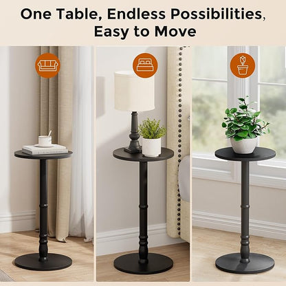 Round Side Table, Solid Wood Pillar with Wood Top & Base, Small Drink Accent Table for Living Room, Bedroom, Sofa & Office, Easy Assembly, Black