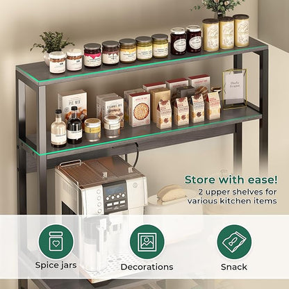 SUPERJARE Bakers Rack with Power Outlet, 35.4 Inches Coffee Bar with Wire Basket, Kitchen Microwave Stand with 6 S-Shaped Hooks, Open Storage Shelves, Charcoal Gray