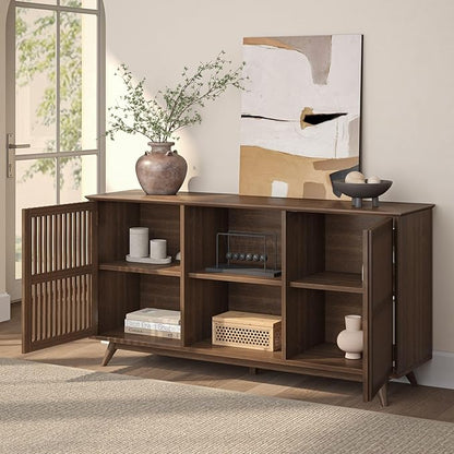 Plank+Beam Mid-Century Modern Wood TV Stand, Solid Wood Entertainment Console with Storage, 59" L x 16" W x 30" H, Walnut