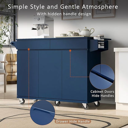53" Kitchen Island with Drop Leaf,Dining Storage Cart W/Spice Rack,Towel Rack and 2 Drawers,Rolling Island on Wheels W/Adjustable Shelves for Kitchen,Dining Room,Navy Blue