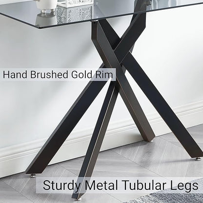 Modern Style Console Table Narrow Sofa Table with Grey Tempered Glass Top and Black Metal Tubular Legs with Gold Rim, 45”Lx18”Wx30”H
