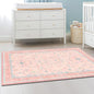 Washable Pink Nursery Rug, 3x5 Area Rugs for Entryway, Kitchen, Bedroom - Boho Modern Floral Distressed Oushak Design, Soft Faux Wool Low Pile Non Slip Stain Resistance Carpet