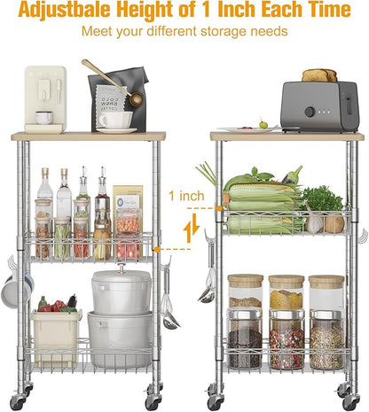 Rolling Kitchen Storage Cart, 3-Tier Storage Rack on Caster Wheels with Adjustable 2 Baskets, Coffee Station Cart Rack Shelf Organizer for Living Room Office, Balcony, Chrome/Silver