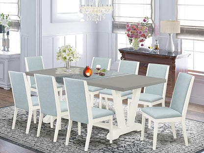 East West Furniture V097LA015-9 9 Piece Kitchen Table & Chairs Set Includes a Rectangle Dining Table with V-Legs and 8 Baby Blue Linen Fabric Parson Chairs, 40x72 Inch, Multi-Color
