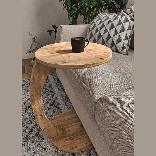 C Shaped End Table for Couch Small Places, Space Saver Round Side Table for Sofa and Bedside with Wheels, Coffee and Eating Snack Time Tray for Living Room, Office (Natural)