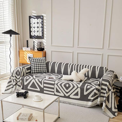 STACYPIK Simple Dark Grey Boho Sofa Cover for Sectional Soft Tassel Chenille Couch Cover for 3 Cushion Couch Reversible Loveseat Cover for Dogs Cats Non-Silp Furniture Cover Multi-Use Blanket-91x118IN