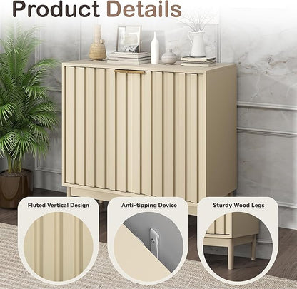 Fluted Cabinet with Storage, Buffet Cabinet Sideborad with Door, Kitchen Buffet Storage Accent Cabinets with Adjustable Shelves for Living Room, Entry, Hallway, Beige