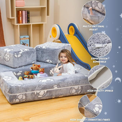 Lamerge Toddler Couch Glow in The Dark Toddler Fold Out Couch for playroom, Convertible Baby Fold Out Play Foam and Floor Cushion for Bedroom (Grey+Football)