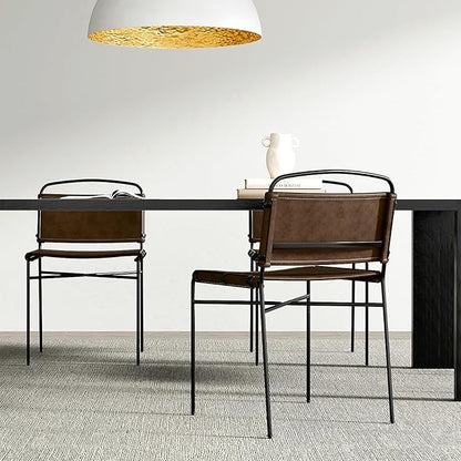 Mid-Century Modern Dining Chairs Set of 2, Brown PU Faux Leather Dining Chair Armless Dining Room Chairs with Black Metal Legs, High-End Stylish Kitchen Restaurant Dining Chairs