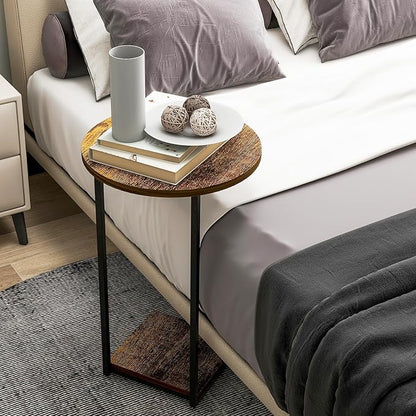 HDANI C Table End Table,Round Side Table That Slide Under,C Shaped End Table for Couch,Small Table for Living Room, Bedroom,Rustic Brown