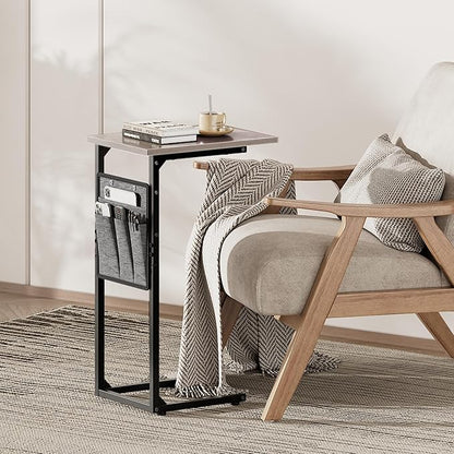 Vagusicc C Shaped End Table, Small Side Table for Couch, Couch Side Table C Table for Small Space, TV Tray Slide Under Sofa Snack Table with Metal Frame for Living Room, Bedroom, Bedside, Grey