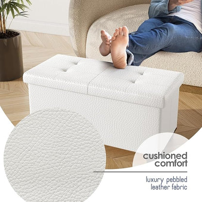 STORAGEBUD Storage Ottoman Bench with Bins, 30-in Storage Bench for Bedroom End of Bed, Folding Foot Rest Ottoman for Living Room Max 660lbs, Faux Leather Ottomans, Cream