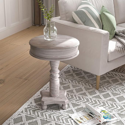COSIEST Rustic Accent Side Table, Farmhouse Wood Pedestal Table Round End Table for Living Room, Bedroom, Distressed Whitewash Finish, Grey Color