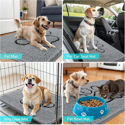 OLANLY Door Mat for Muddy Dog Paws 40x32, Ultra Absorbent Chenille Mud Doormat with Paw Print Design, Non-Slip Washable Doormat for Indoor Entryway, Quick-Dry Pet Bed Mats for Dirty Dogs, Grey
