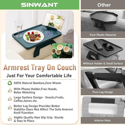 SINWANT Couch Arm Table Tray, Bamboo Sofa Arm Clip on Table, Foldable Couch Armrest Tray with 360° Phone Holder,Portable Sofa Tables for Remote Snack
