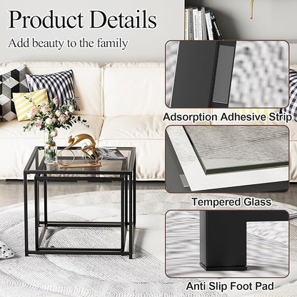 Garden 4 you Coffee Table Set of 2, Modern Glass Nesting Table, Metal Frame Square Center Table Set, Side Tables, Nesting Coffee Table for Living Room, Bedroom and Small Spaces, 23.6in Grey