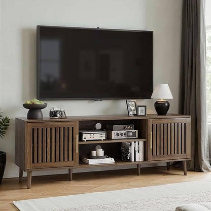 Smuxee Walnut TV Stand with Grille Striped Design, 62.99" Mid Century Modern TV Media Console for TVs up to 70", TV Cabinet with Adjustable Shelf & 2 Cabinets for Living Room