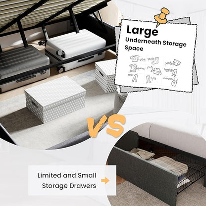 SHA CERLIN King Size Lift Up Storage Bed/Modern Wingback Headboard/Upholstered Platform Bed Frame/Hydraulic Storage/No Box Spring Needed/Wood Slats Support/Grey Blue