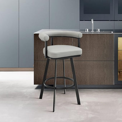 Armen Living Magnolia Swivel Bar Stool in Black Metal with Light Grey Faux Leather