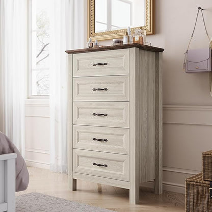 LINSY HOME Tall Dresser for Bedroom with 5 Drawers, 45" Tall Dressers & Chests of Drawers, Modern Farmhouse Large Vertical Dresser with Wood Legs for Bedroom, Closet, Living Room, Hallway, Beige