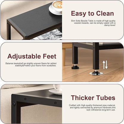 Narrow Side Table for Small Space, 3-Tier Small End Table with Shelf Holder, Slim Nightstand, Skinny Snack Couch Table in Living Room, Bedroom, Study, Kitchen and Balcony（Black