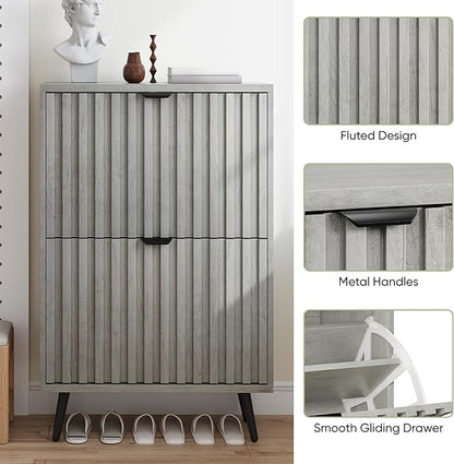 Smuxee Shoe Cabinet with 2 Flip Drawers, 23.6" Grey Hidden Shoe Storage Cabinet with Fluted Design, Freestanding Shoe Organizer Cabinet for Entryway, Hallway, Living Room, Closet