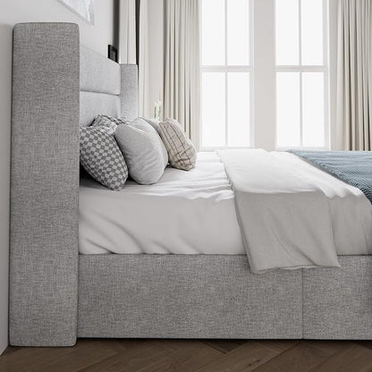 SHA CERLIN Queen Size Lift Up Storage Bed/Modern Wingback Headboard/Upholstered Platform Bed Frame/Hydraulic Storage/No Box Spring Needed/Wood Slats Support/Light Grey