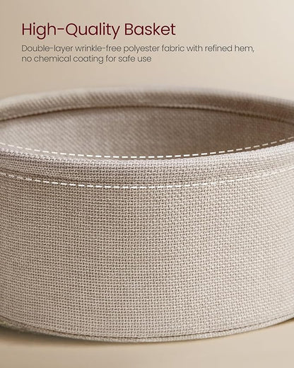 VASAGLE Small Round Side End Table, Modern Nightstand with Fabric Basket, Matte White and Camel Brown ULET223W10