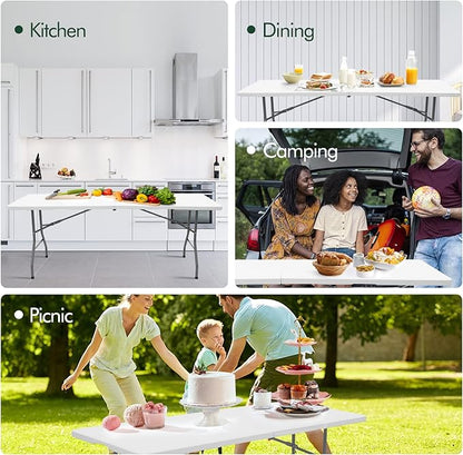 Folding Table 6ft Plastic Folding Table Indoor & Outdoor for Picnic, Camping,BBQ and Party, with Powder Coated Steel Legs and Built in Carry Handle, White