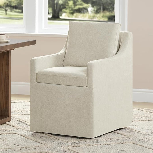 Upholstered Dining Chairs with Casters Washable Cover Side Deskchair with Rollers for Diningroom, Living Room, Cream Beige, 1 Box