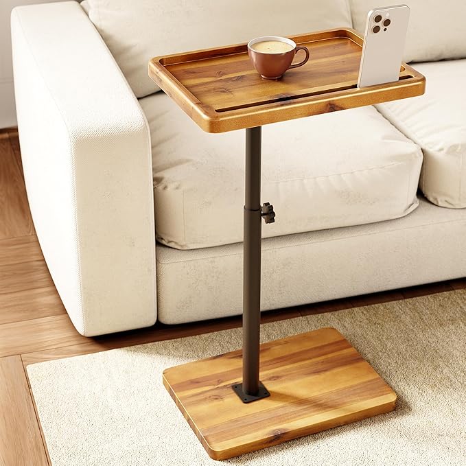 HOLANA Acacia Wood Adjustable C-Shaped Couch Table – 360° Swivel Side Table for Sofa - Small End Table for iPad, Laptop, or TV Tray – Eating Trays for Living Room or Bedside Use (Acacia)