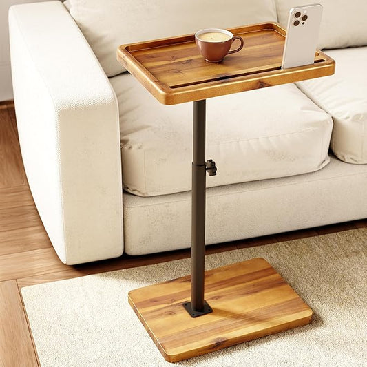 HOLANA Acacia Wood Adjustable C-Shaped Couch Table – 360° Swivel Side Table for Sofa - Small End Table for iPad, Laptop, or TV Tray – Eating Trays for Living Room or Bedside Use (Acacia)