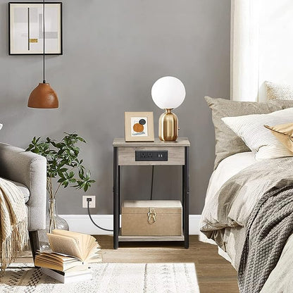 TUTOTAK End Table with Charging Station, Side Table with 2 USB Ports and 2 Outlets, 21.8”H 2-Tier Nightstand with Storage Shelf, Sofa Table TB01BG025 (1 pc)