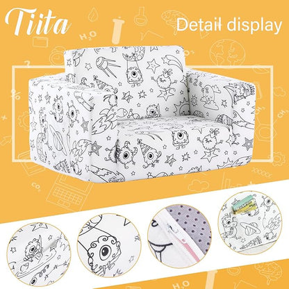 Tiita Kids Sofa Couch, Convertible Children Couch to Lounger, Toddler Comfy Sofa with Cute Graffiti Pattern Design for Girls and Boys, Graffiti