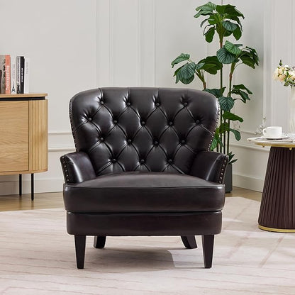 Ball & Cast Accent Chair,Mid-Century Lounge Living Room Chairs with Button Tufting,Upholstered Reading Accent Chair W/Solid Wood Legs and Curved Backrest,for Bedroom,Apartment,Dark Brown