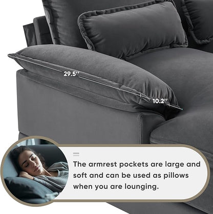 Merax U-Shaped Sectional Sofa with Cupholders, Console and USB Charging Ports, 6-seat Velvet Upholstered Sleeper Couch with Symmetrical Chaise for Living Room, Apartment, 123", Gray